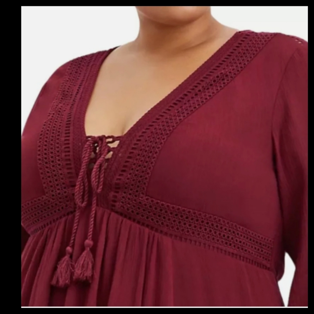 Torrid Crinkle Gauze Lace Up Tassel Tunic size 0 (L/12) - Picture 8 of 13
